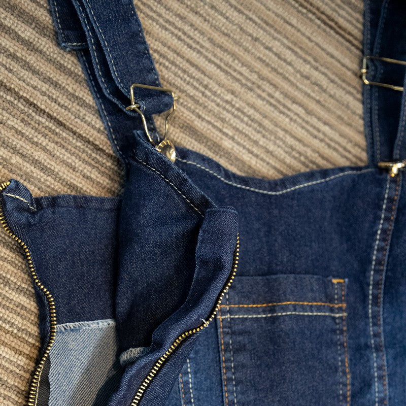 Jardineira Longa Escura Lisa Jeans Com Botões Frontais / Roupas Femininas Estilo