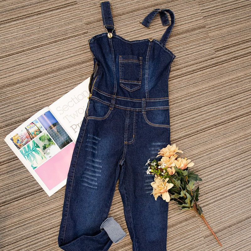 Jardineira Longa Escura Lisa Jeans Com Botões Frontais / Roupas Femininas Estilo