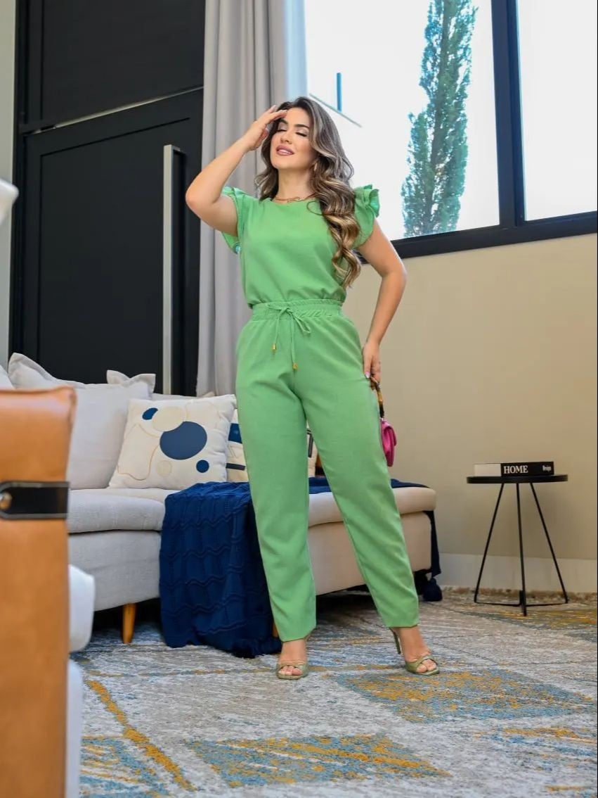 Conjunto Feminino de blusa e calça com babado na manga, terno, macacão, Escritór