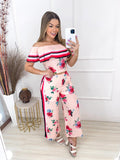 Conjunto cropped e calça estampada flores listra