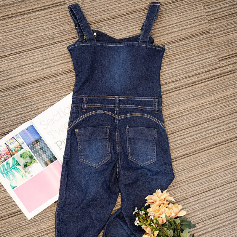 Jardineira Longa Escura Lisa Jeans Com Botões Frontais / Roupas Femininas Estilo