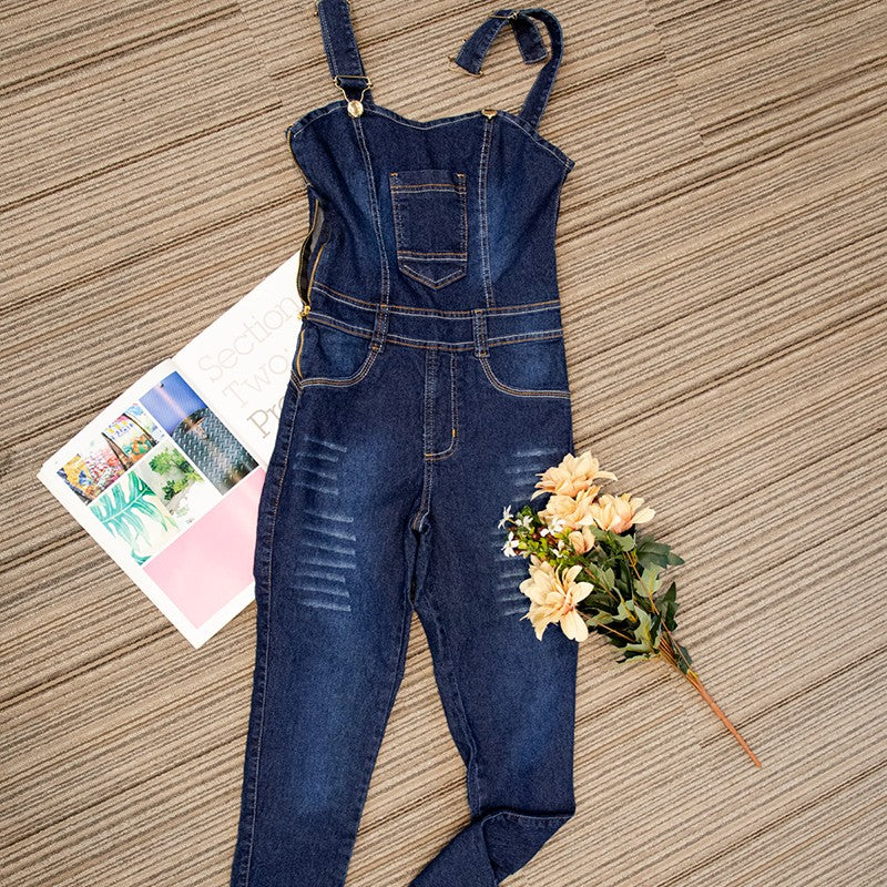Jardineira Longa Escura Lisa Jeans Com Botões Frontais / Roupas Femininas Estilo