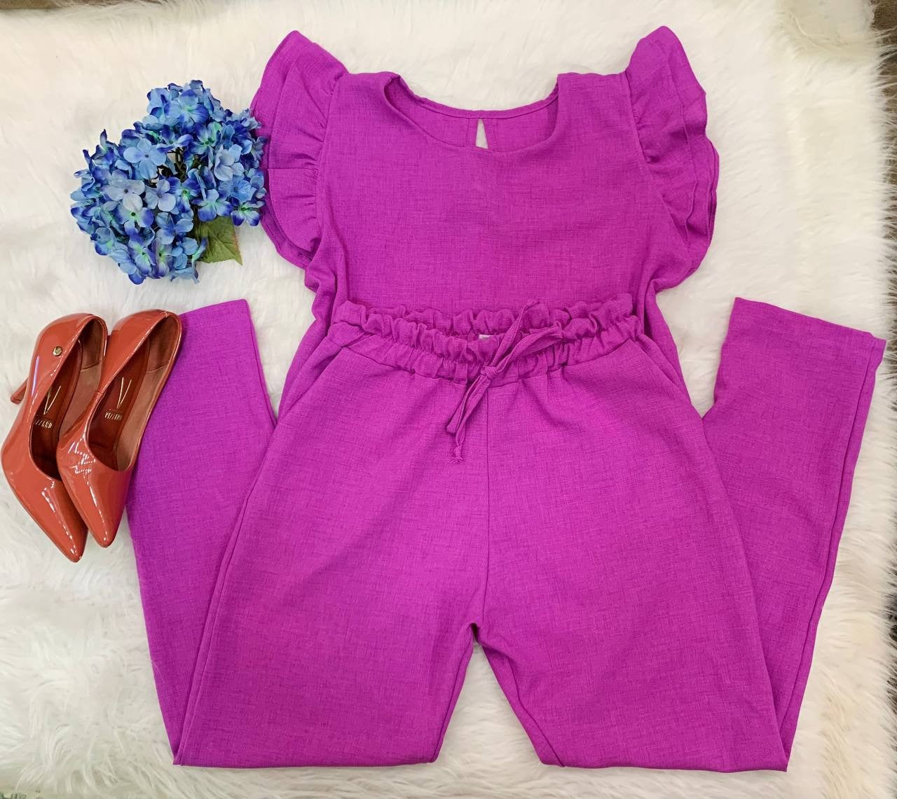 Conjunto Feminino de blusa e calça com babado na manga, terno, macacão, Escritór