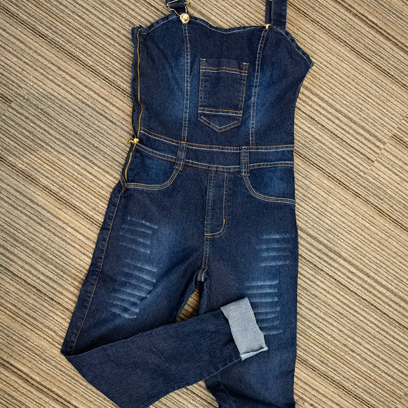Jardineira Longa Escura Lisa Jeans Com Botões Frontais / Roupas Femininas Estilo