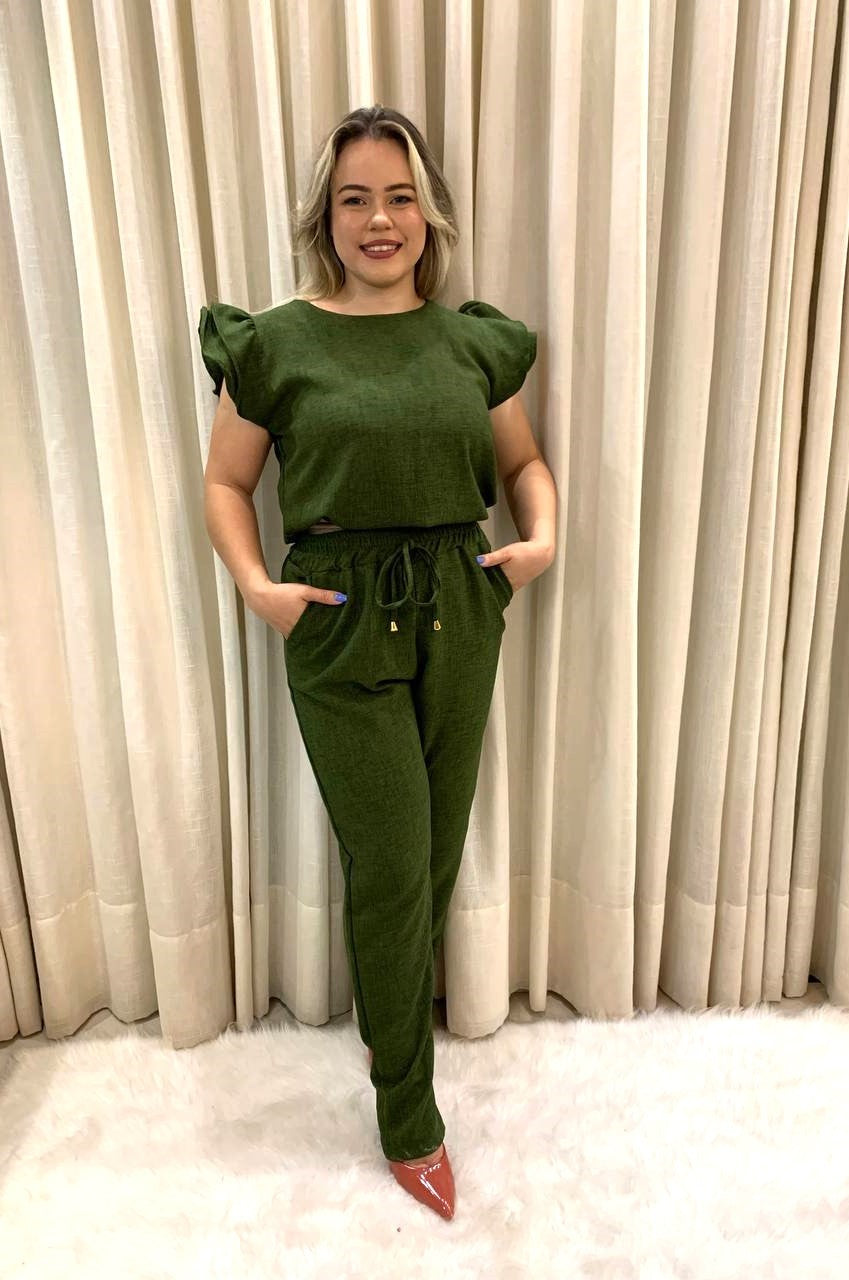 Conjunto Feminino de blusa e calça com babado na manga, terno, macacão, Escritór