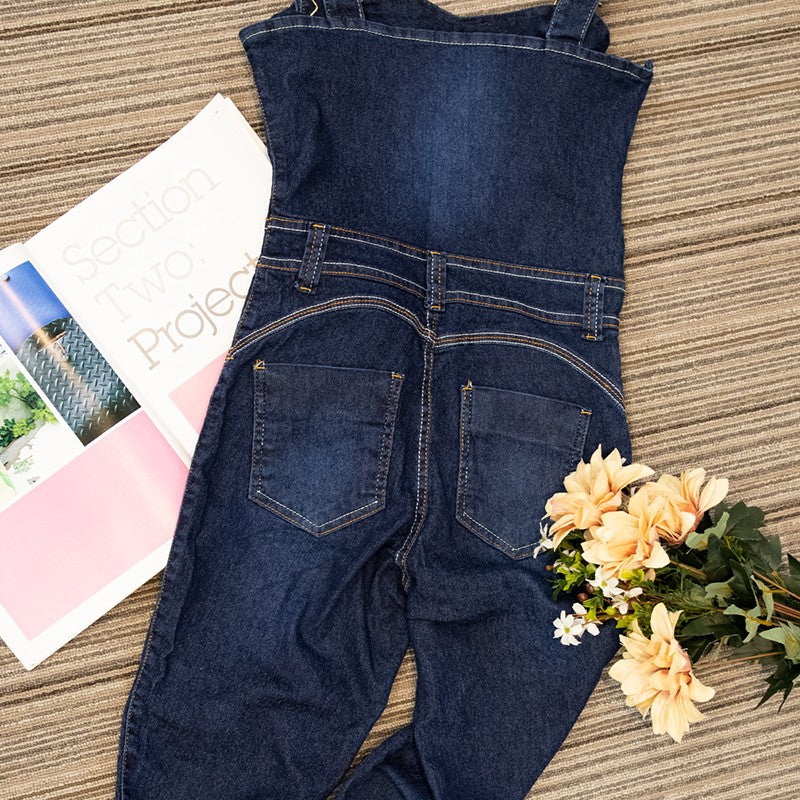 Jardineira Longa Escura Lisa Jeans Com Botões Frontais / Roupas Femininas Estilo