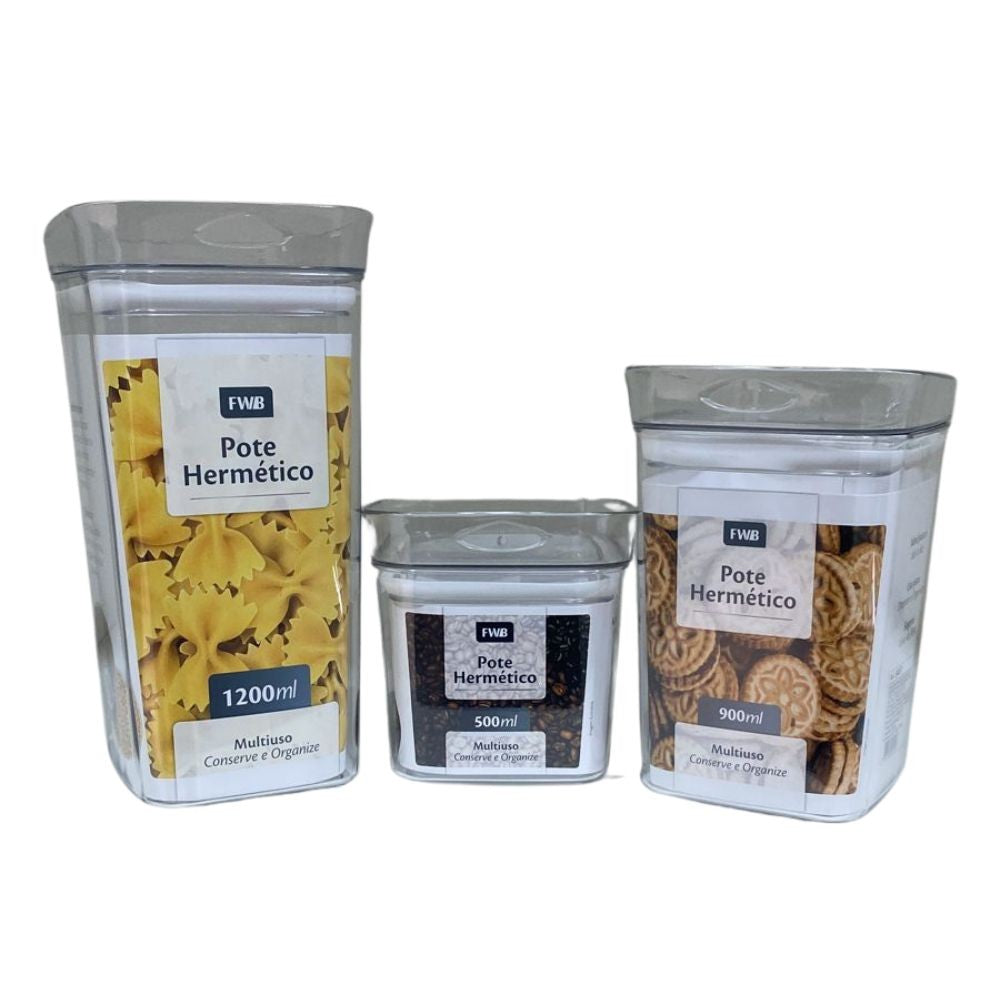 Kit 3 Potes Herméticos 1P,1M e 1G