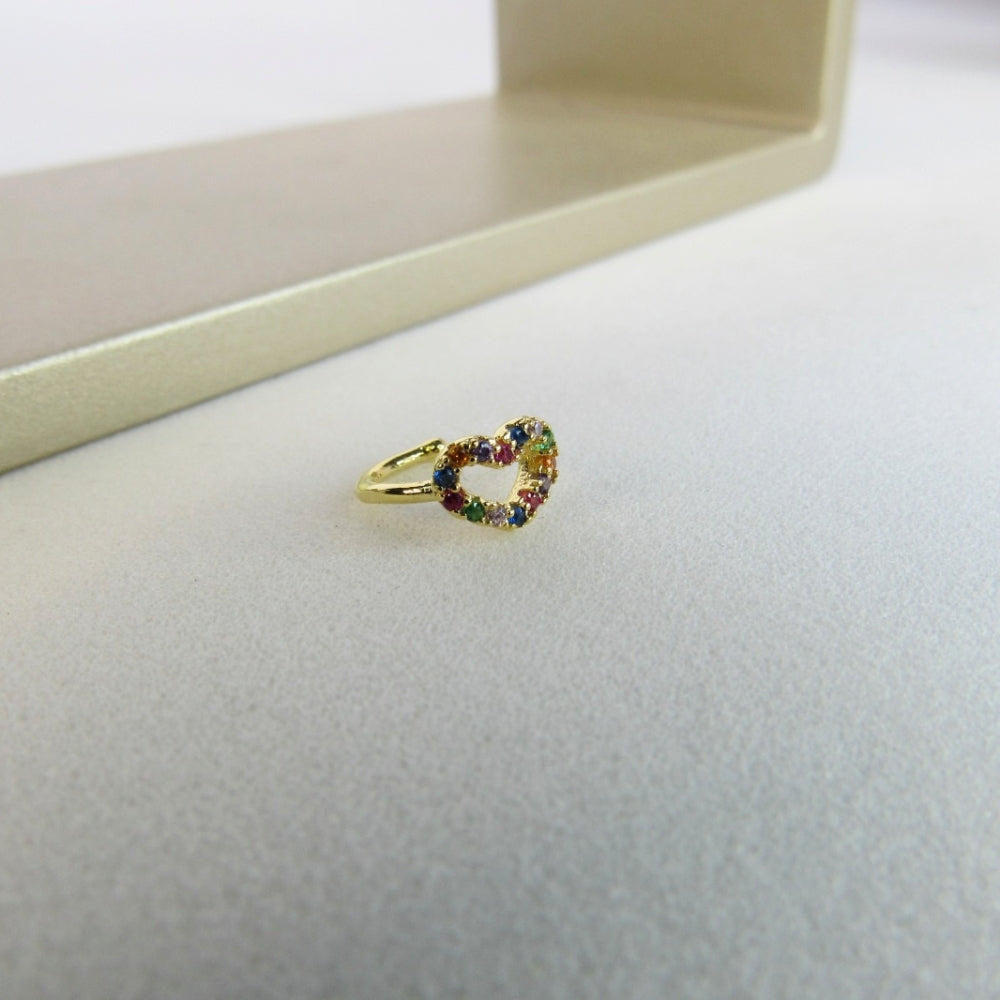 Piercing Fake Com Coração de Zircônias Coloridas Banhado em Ouro 18k
