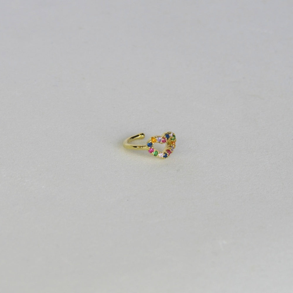 Piercing Fake Com Coração de Zircônias Coloridas Banhado em Ouro 18k