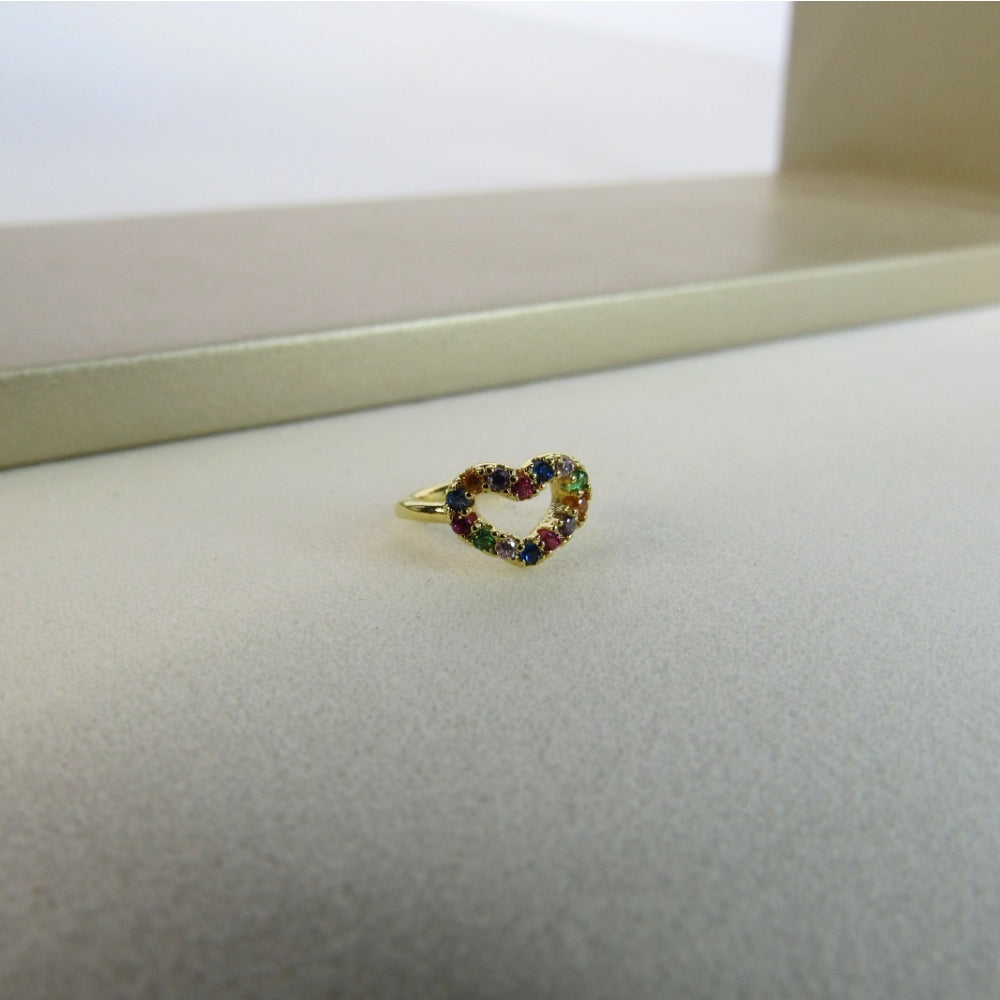 Piercing Fake Com Coração de Zircônias Coloridas Banhado em Ouro 18k